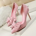 New Summer Pumps Women High heeled Shoes Thin High Heel Sweet Pointed Suede Side Hollow Bowknot