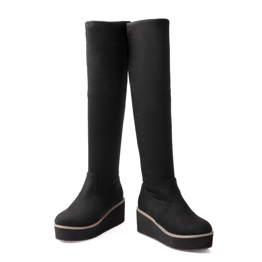 Stretch Nubuck&PU Black Red Blue Wedge Platform Women Thigh High