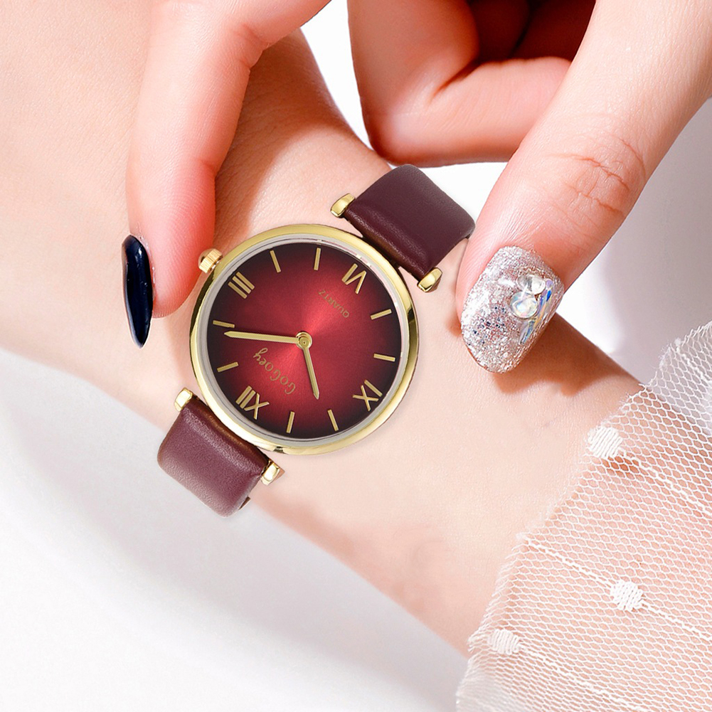 Sanwood Business Women Roman Number Round Dial Faux Leather Band Quartz