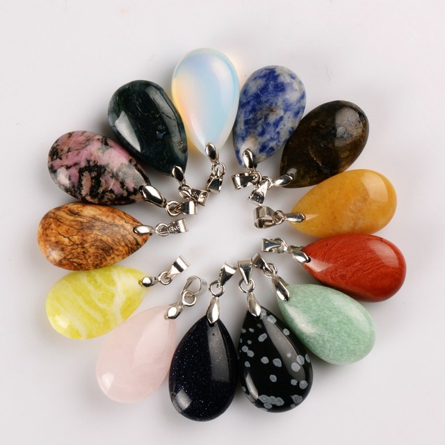 Assorted Natural Stone Water Drop Pendants Pendulum Crystal Fluorite Opalite obsidian Chakra Healing Reiki Beads&Free shipping