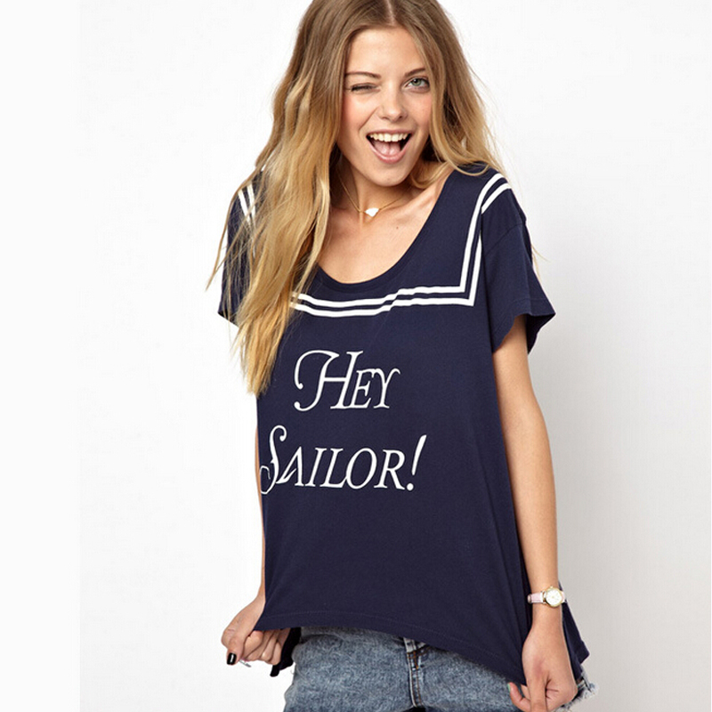 Sailor Collar Tee Shirts 2015 Summer Navy Blue Womens Tops Short Sleeve