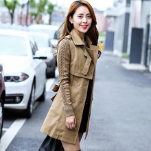 Autumn Winter Women’s Long Slim Trenchcoat Knitted Sleeve Patchwork Officer Trench Female Full Sleeve Trech Coat Khaki Black
