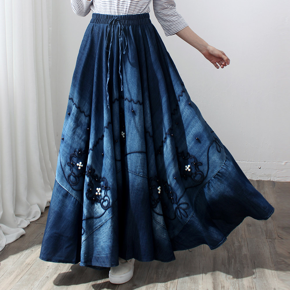 High waist denim skirt bust skirt a-line skirt female medium-long pearl plus size clothing elastic strap big skirt
