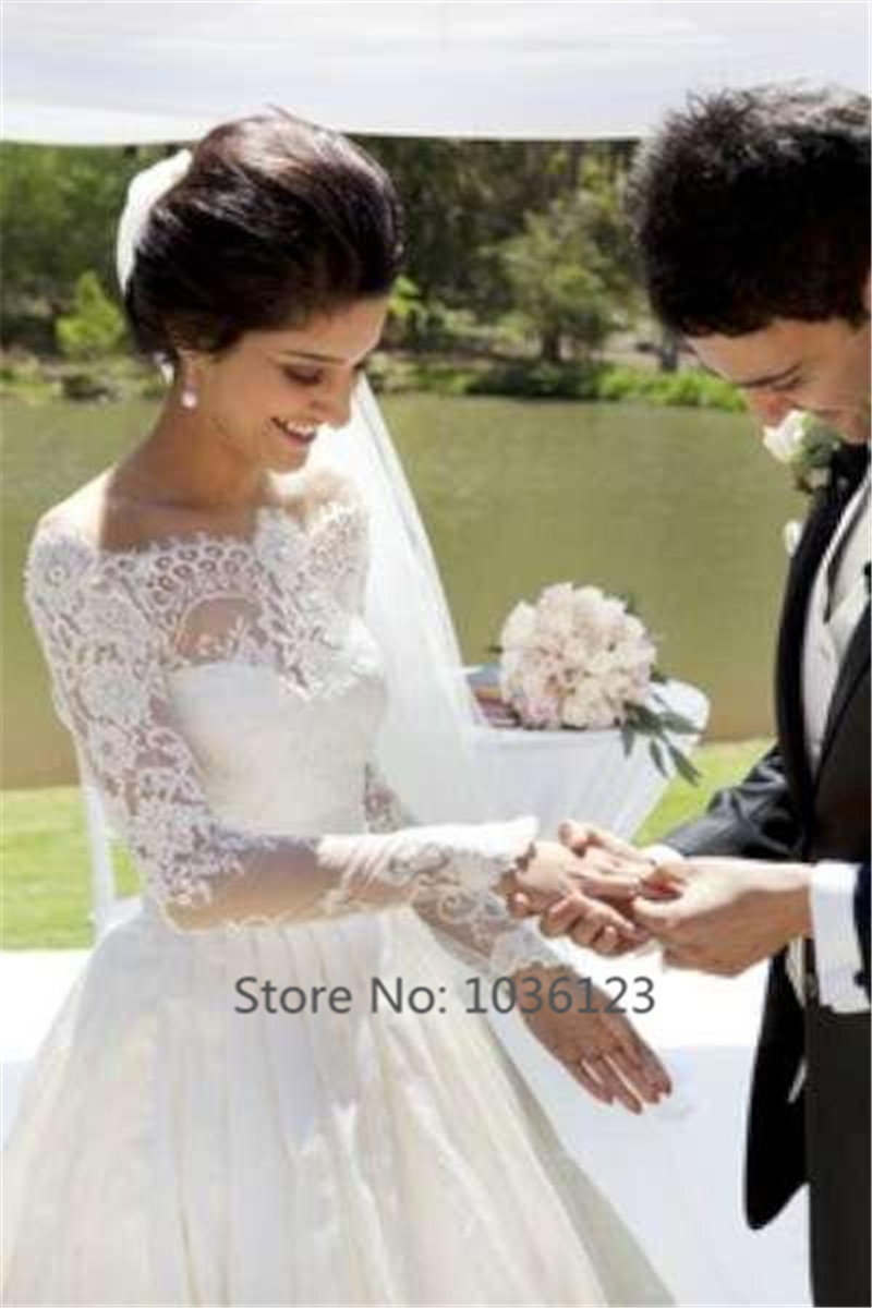 Vestidos de noiva Sweetheart Floor Length Sweep Train Satin Long Sleeve Lace Wedding Dresses 2015 Women