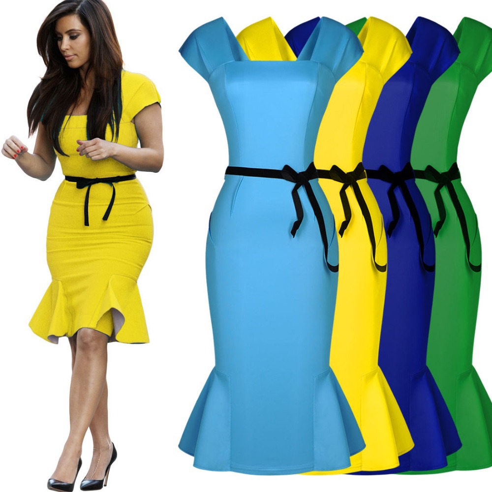 Women Royal Blue Yellow Peplum Summer Style Bodycon Pencil Belted Falbala Party Wear to work Business Dresses Size SM-XXL 1884