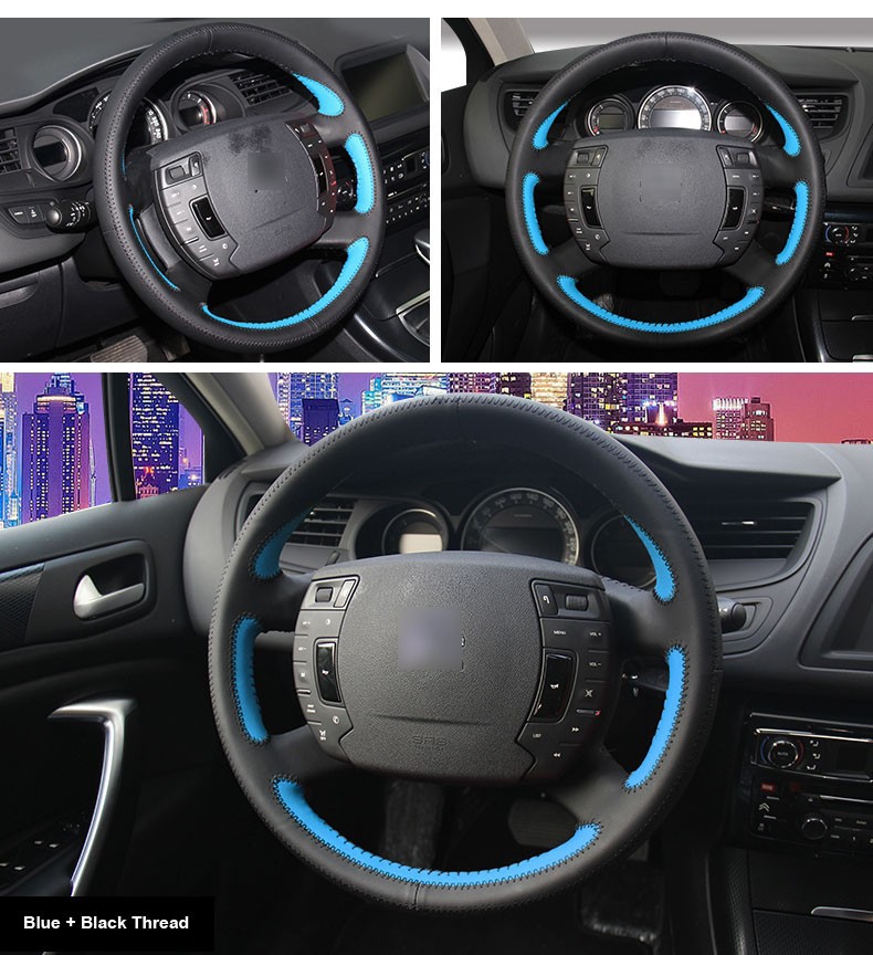 for Citroen C5 Black Blue Leather Steering Wheel Cover Black Thread