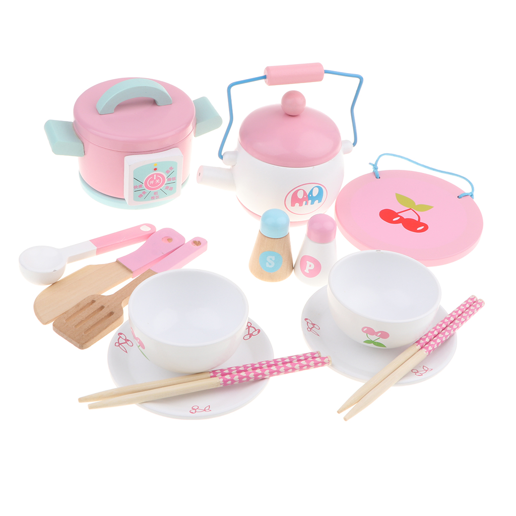 pink wooden cooking set