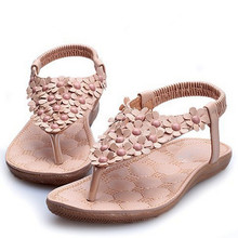 2016 New Sandalias Soft Leather Sloe Flat Sandals Flower Decoration Women Flip Flop Beach Sandal Wholesale Lady Shoes F128