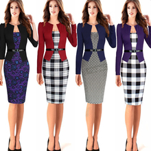 Casual Office Women Dress Party Elegant Faux Twinset Belted Tartan uniform Patchwork Work Office Pencil Sheath Bodycon Dresses
