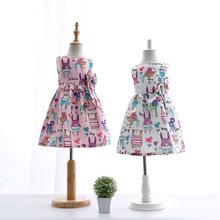 Retail baby girls cartoon European and American Style dress Bow A-line sleeveless next Graffiti square collar children clothing