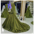 Oumeiya OW549 Lime Green Satin Princess Ball Gown High Neck Long Sleeve Hijab Muslim Wedding Dress