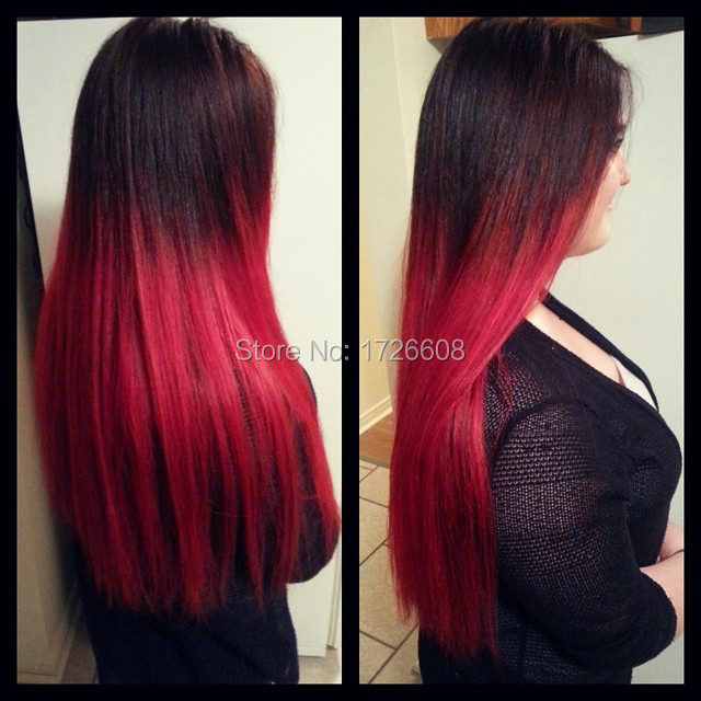Two Tone Ombre Dark Hair With Red Tips Fashion 5 Clips In One