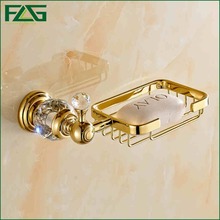 FLG Free Shipping Golden&Crystal Wall Mounted Bathroom Soap Dish Full Copper Kitchen Soap Dish Basket Bathroom Accessories G409
