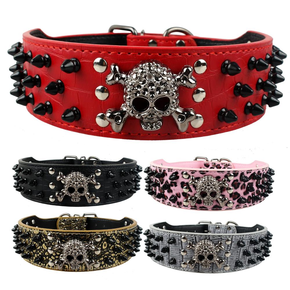 2 Inch Wide Spiked Studded PU Leather Dog Collars for Medium and Large