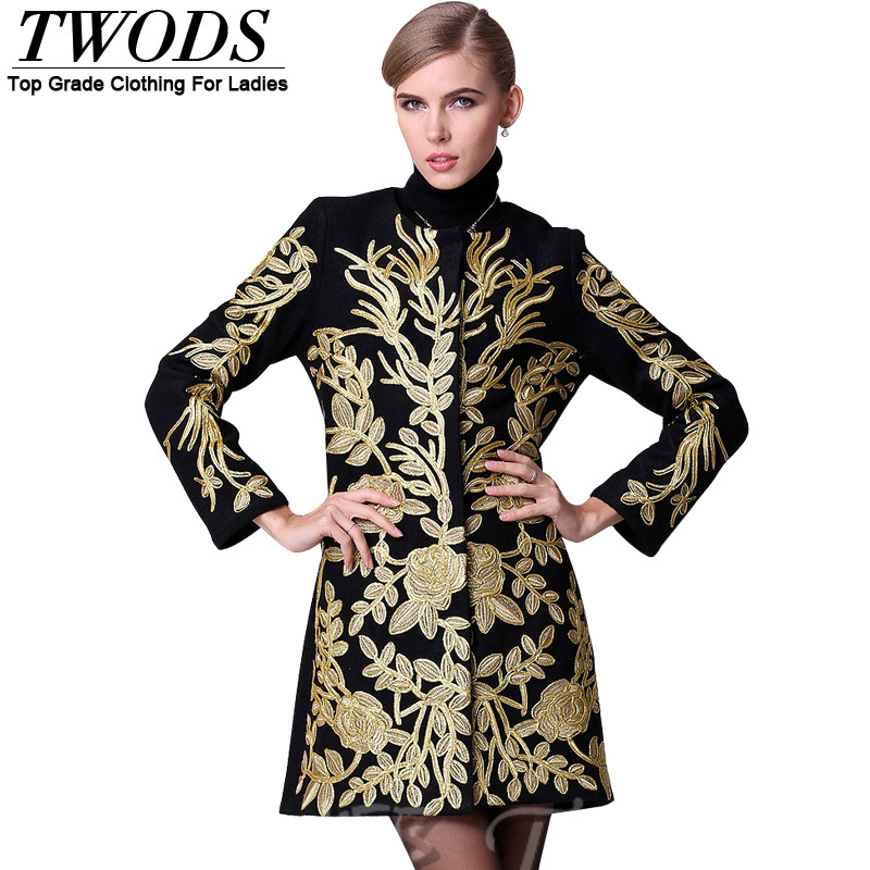 Twods Luxury Embroidery Women's Winter Wool Coats Long Sleeve O-neck Slim Fit Woolen Long Trench Jacket Females Outwear