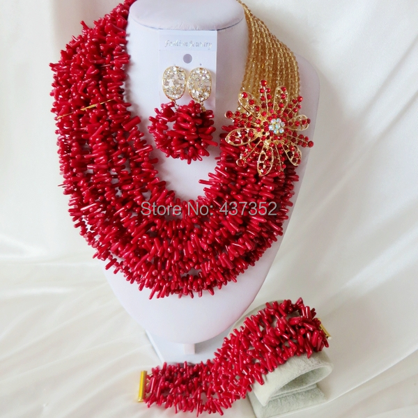 Handmade Nigerian African Wedding Beads Jewelry Set , Champagne Gold Crystal Coral Beads Necklace Bracelet Earrings Set CWS-438