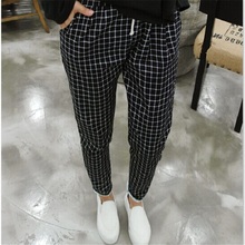JJ 2016 New Spring Casual Loose Cotton Harem Pants Plus Size Plaid Capris Grid Black Pockets Lady Trousers Spring Loose Harem Pa