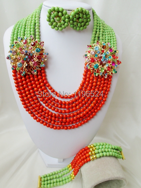 Luxury Stone Necklaces Bracelet Earrings African Nigerian Wedding Beads Jewelry Set  A-8618