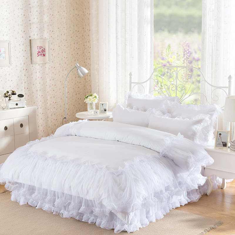 SunnyRain 3-Pieces Solid Color Lacework Luxury Bedding Set King Size Queen Bed Set Cotton Duvet Cover Set Pillow Case