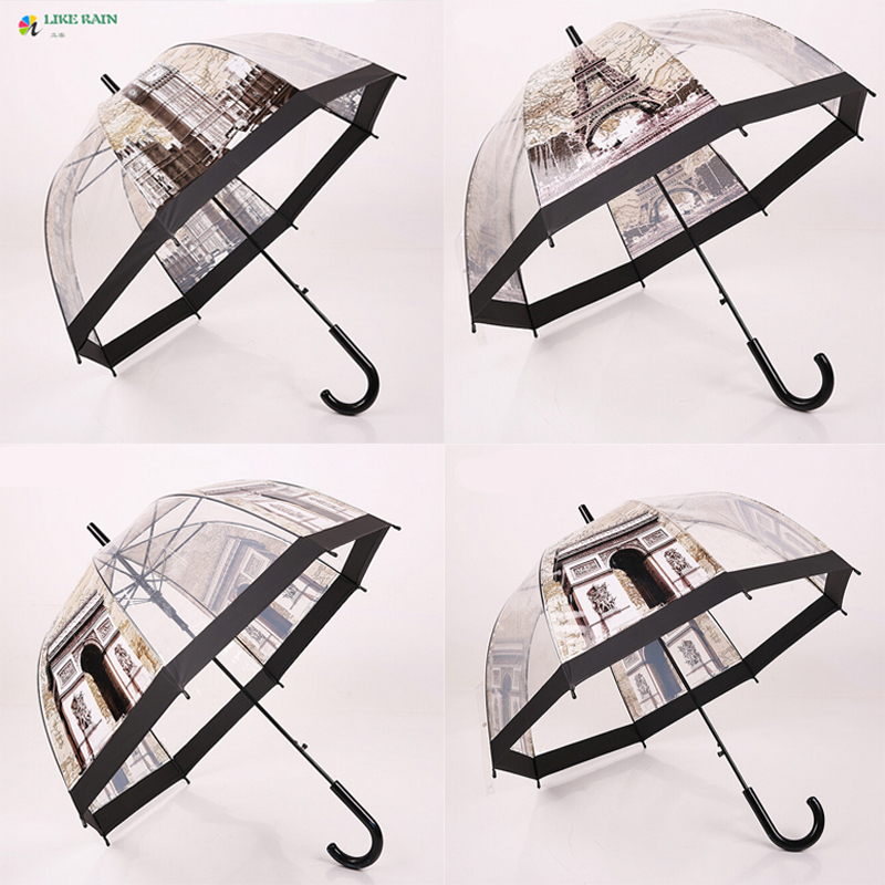 2016 New Top Quality Fashion Eiffel Tower Umbrella Rain Women Novelty Items Thicken PVC Transparent Long-handle Umbrella