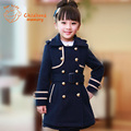Classic British Uniform Wind Girls Wool Coat Fashion Belt Woolen Coat Double Breasted Patch 2015 Winter