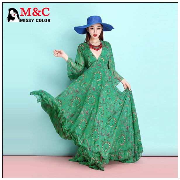 Spring Summer Style New 2015 Ethnic Print Boho Dress Women Flare Sleeve Chiffon Long Dresses Ladies Floor Length Robe ZF082