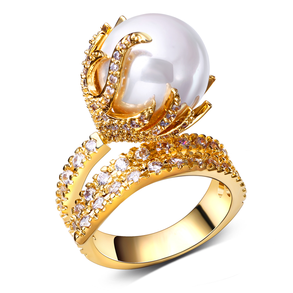Cute Fine Jewelry Pearl Finger Rings 18k Real Gold Plated High Quality Cubic Zircon Engagement Party
