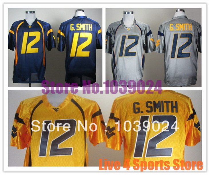 2014 NWT West Virginia Mountaineers #12 Geno Smith Jersey Blue Gold White Elite Game 100 Sewn Colleage Football Jersey Shop(China (Mainland))