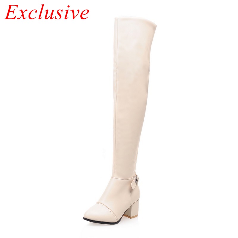 Large Size Round High Boots 2015 Winter Woman Low Heel Knee Boots Down Shoes Woman Black Beige White Large Size Round High Boots
