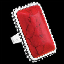Vintage Look Tibet Alloy Antique Silver Plated Sturdy Oblong Red Turquoise Adjustable Rings TR26