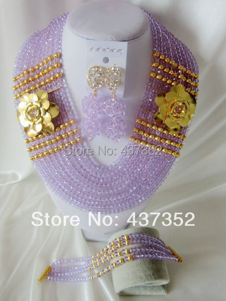 New Design Lilac nigerian beads necklaces bracelet earrings Jewelry Set African Beads Jewelry Set CPS-1359