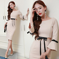 2016 Spring and Autumn New Temperament Waist Bow Sexy Midriff Horn Sleeve Package Hip Dress Office