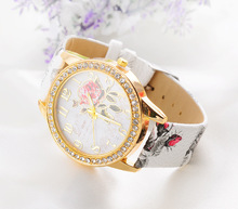 2015 New Brand Leather Strap Watch Clock Hours Gifts Colorful Flower Wristwatch Quartz Casual Watches Women