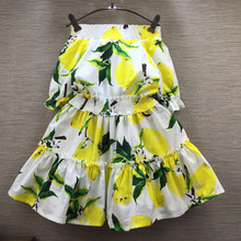 wholesale (5pcs/lot)- 2016 spring summer Lemon printed strapless shoulder elastic sub dress for 2-7 child girl