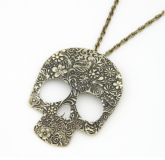 Women Vintage Style Retro Carved Flower Skull Pendant font b Necklace b font Skeleton Sweater Long
