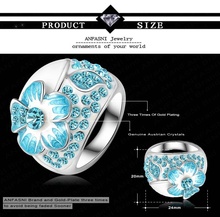 Lake Blue Enamel Genuine Austrian Crystal Rings Real Platinum Plated Flower Ring Costume Women Jewelry Ri
