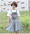 European style vintage Cotton denim women braces skirts fashion leisure impire solid boyfriend mini loose A