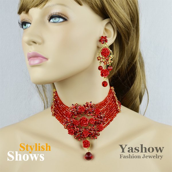 Red Flower Wedding Jewelry Set,Fashion Crystal Necklace and Earrings Sets,Free Shipping - Red-Flower-Wedding-Jewelry-Set-Fashion-Crystal-Necklace-and-Earrings-Sets-Free-Shipping