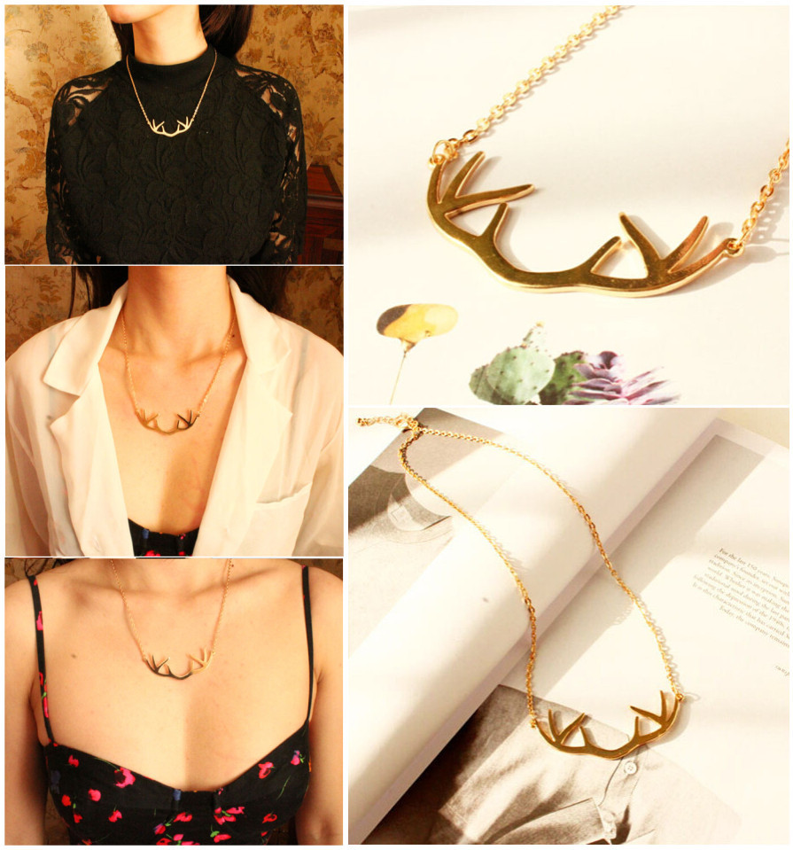 Europe Vintage Style Gold Deer Horn Antlers Necklaces Pendants Choker Chain Necklace For Women Jewelry X