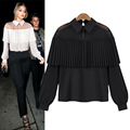 Top Quality Brand 2016 Summer off Shoulder Cape style Loose Pleated white black Tops chiffon blouse