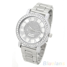 Hombres Casual Rhinestone heló cuarzo analógico plata Color aleación banda reloj de pulsera 4KM8