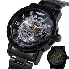 HOT Classic Vintage Luxury Business Steampunk Roman Men’s Skeleton Mechanical Watch Black Metal Strap Roman Dial Lover Gift+ BOX