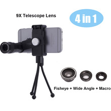 2016 Hot Mobile Phone Lens 4 in 1 Universal Fish Eye Wide Angle Macro Lenses 9X Telescope lens For iPhone 4 5 6 S 6Plus Samsung