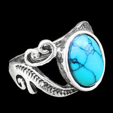 Vintage Look Tibetan Alloy Antique Silver Plated Delicate Leaf Turquoise Bead Ring R015-3