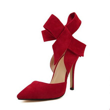 Fashion women’s shoes pointed toe big bowtie thin heels high heels sandals shoes female wedding shoes red blue green pink black