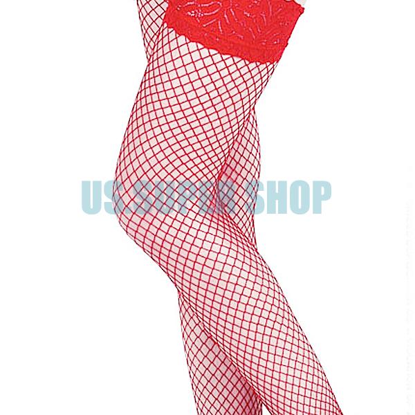 EQ7443 Red Women s Lady s Lace Top Big Fishnet Mesh Thigh High Long Stockings