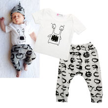 Newborn Baby Boy 2Pcs Set Cute Clothing Cartoon Minions Monster 2pcs Sets White T-shirt Tops Pants Trousers Outfits Clothes 2016