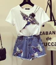 Europe 16 new summer Europe stereo embroidery Beaded American coat T-shirt + heavy Sequin denim shorts pants free shipping