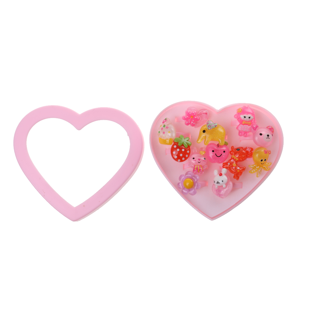 12Pcs Assorted Plastic Rings with Pink Heart Box Kids Girl Jewelry Present
