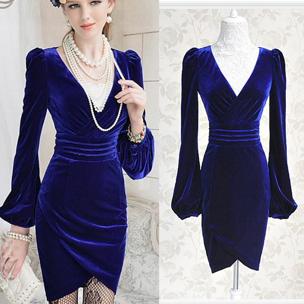 Free Shipping Royal Blue Velvet Long Sleeve V Neck Dress Sexy Slim 